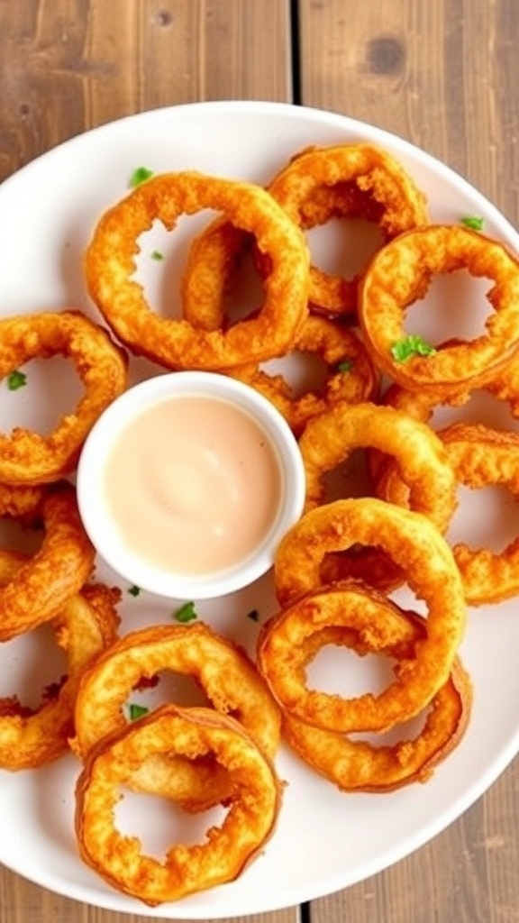 Crispy air fryer onion rings on a plate with dipping sauce.